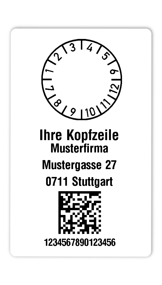 300x Prüfplaketten Folie weiß, 80x50mm, DataMatrix 16-stellig ff, Ihr Wunschtext, 1 Etikett pro Nummer