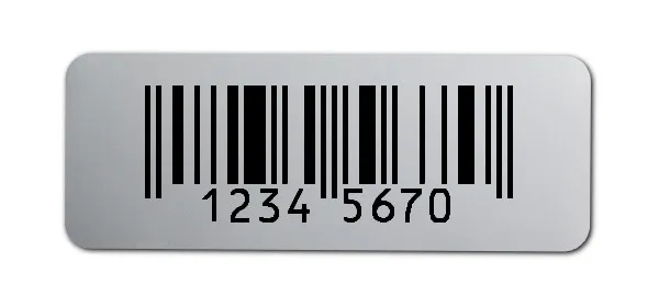 EAN Etiketten Material:Polyester-Folie Silberoptik matt Größe:40x15mm Kopfzeile:"ohne" Barcode:EAN 8 Stellenanzahl:8-stellig Menge:100