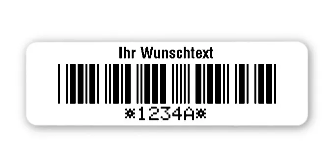 Universaletiketten Material:Folie hochglänzend weiß Größe:50x15mm Kopfzeile:"Ihr Wunschtext" Barcode:Code 39 mit Prüfziffer Stellenanzahl:5-stellig Ausführung:4 Etiketten pro Nummer Menge:500