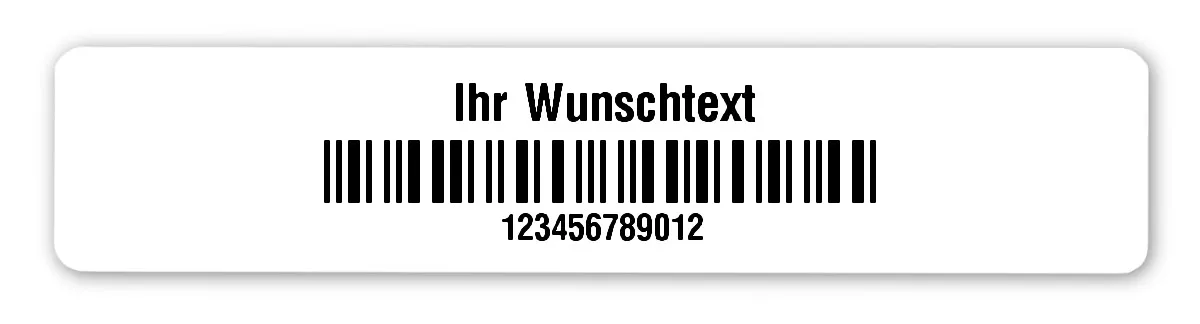 Universaletiketten Material:Polyethylen-Folie weiß matt opak Größe:77x16mm Kopfzeile:"Ihr Wunschtext" Barcode:2a5 interleaved Stellenanzahl:12-stellig Ausführung:1 Etikette pro Nummer Menge:1000