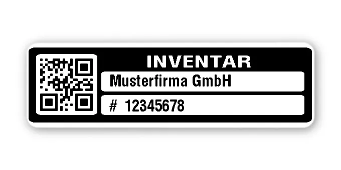 Inventaretiketten Material:Polyethylen-Folie hochglänzend weiß Größe:50x15mm Kopfzeile:"Ihr Wunschtext" Barcode:QR Stellenanzahl:8-stellig Menge:100