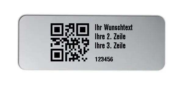 Universaletiketten Material:Folie silber matt Größe:40x15mm Kopfzeile:"Ihr Wunschtext" Barcode:QR Stellenanzahl:6-stellig Ausführung:2 Etiketten pro Nummer Menge:500