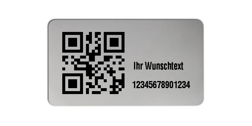 Inventaretiketten Universal Material:Polyester-Folie Silberoptik matt Größe:45x25mm Kopfzeile:"Ihr Wunschtext" Barcode:QR Stellenanzahl:14-stellig Menge:100