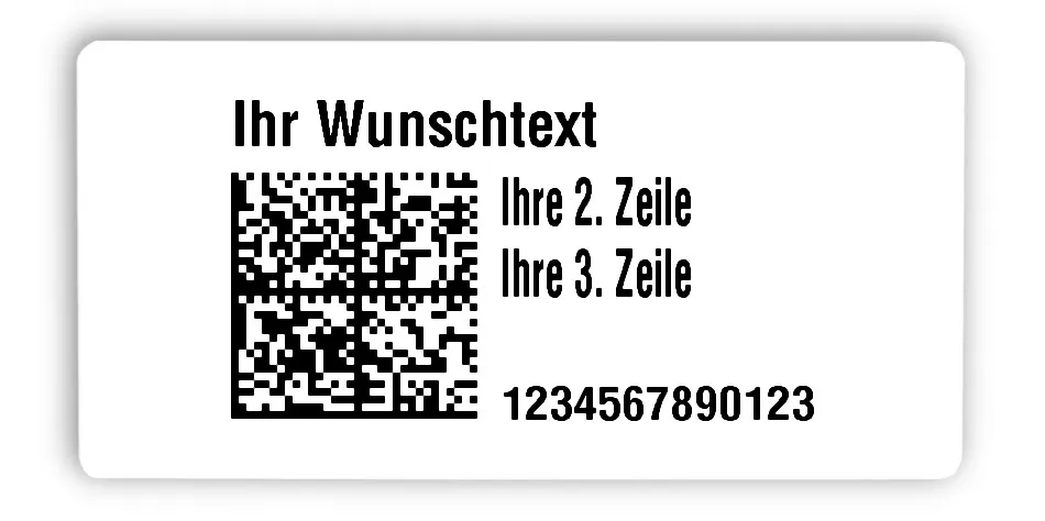 Universaletiketten Material:Polyethylen-Folie hochglänzend weiß Größe:68x34mm Kopfzeile:"Ihr Wunschtext" Barcode:DataMatrix Stellenanzahl:13-stellig Ausführung:1 Etikette pro Nummer Menge:1000
