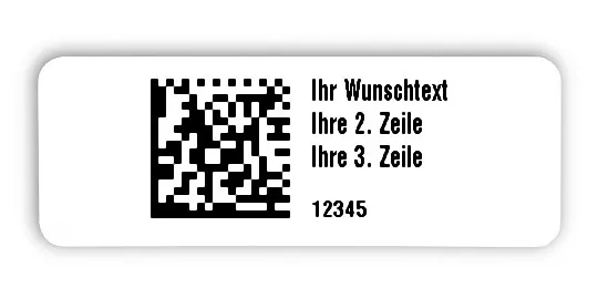 Universaletiketten Material:Patch Größe:40x15mm Kopfzeile:"Ihr Wunschtext" Barcode:DataMatrix Stellenanzahl:5-stellig Ausführung:1 Etikette pro Nummer Menge:1000