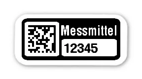 Prüfmitteletiketten Material:Folie weiß Größe:18x8mm Kopfzeile:"Messmittel" Barcode:DataMatrix Stellenanzahl:5-stellig Ausführung:1 Etikett pro Nummer Etiketten je Rolle:100