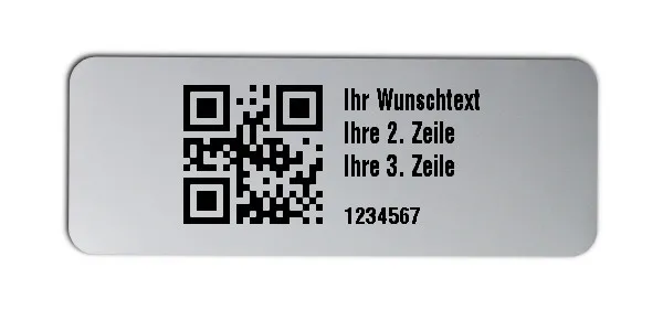 Universaletiketten Material:Folie silber matt Größe:40x15mm Kopfzeile:"Ihr Wunschtext" Barcode:QR Stellenanzahl:7-stellig Ausführung:3 Etiketten pro Nummer Menge:300