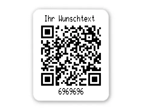 Universaletiketten Material:Folie hochglänzend weiß Größe:26x22mm Kopfzeile:"Ihr Wunschtext" Barcode:QR Stellenanzahl:Webadresse Ausführung:1 Etikett pro Nummer Etiketten je Rolle:100