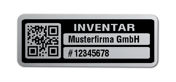 Inventaretiketten Material:Polyester-Folie Silberoptik matt Größe:40x15mm Kopfzeile:"Ihr Wunschtext" Barcode:QR Stellenanzahl:8-stellig Menge:500