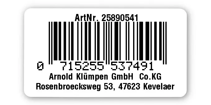 Sonderetiketten Material:Polyethylen-Folie hochglänzend weiß Größe:45x25mm Kopfzeile:"Ihr Wunschtext" Barcode:EAN 13 Stellenanzahl:13-stellig Ausführung:1 Etikette pro Nummer Menge:1000