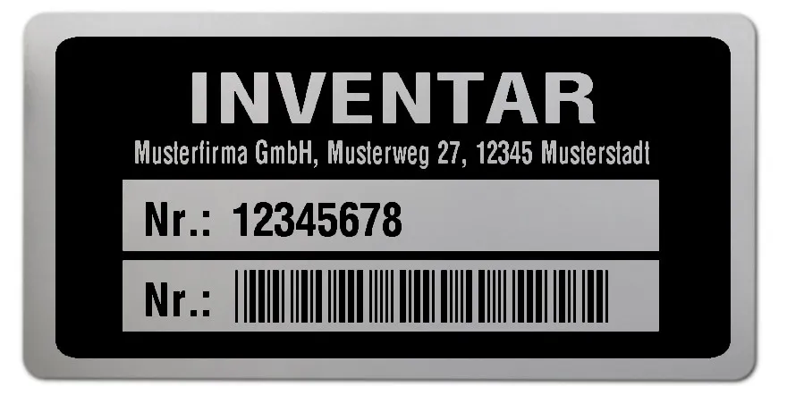 Inventaretiketten Material:Polyester-Folie Silberoptik matt Größe:68x34mm Kopfzeile:"Ihr Wunschtext" Barcode:Code 39 ohne Prüfziffer Stellenanzahl:8-stellig Ausführung:1 Etikette pro Nummer Menge:100