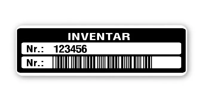 Inventaretiketten Material:Polyethylen-Folie hochglänzend weiß Größe:50x15mm Kopfzeile:"Inventar" Barcode:Code 39 ohne Prüfziffer Stellenanzahl:6-stellig Menge:500