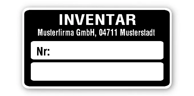 Inventaretiketten Material:Polyethylen-Folie hochglänzend weiß Größe:45x25mm Kopfzeile:"Ihr Wunschtext" Stellenanzahl:ohne Menge:1000