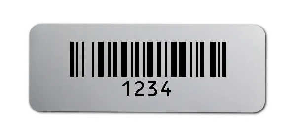 Universaletiketten Material:Folie silber matt Größe:40x15mm Kopfzeile:"ohne" Barcode:128B Stellenanzahl:4-stellig Ausführung:4 Etiketten pro Nummer Menge:500