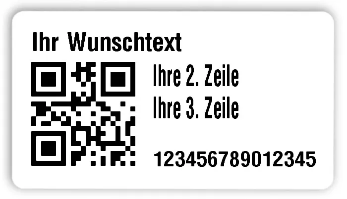 Universaletiketten Material:Folie hochglänzend weiß Größe:54x30mm Kopfzeile:"Ihr Wunschtext" Barcode:QR Stellenanzahl:15-stellig Ausführung:3 Etiketten pro Nummer Menge:300