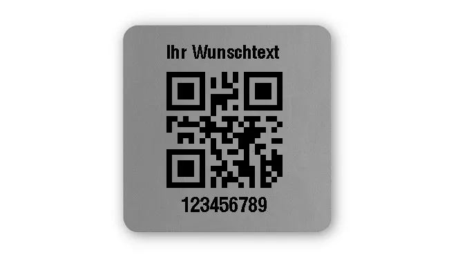Universaletiketten Material:Folie silber matt Größe:26x26mm Kopfzeile:"Ihr Wunschtext" Barcode:QR Stellenanzahl:9-stellig Ausführung:2 Etiketten pro Nummer Menge:100