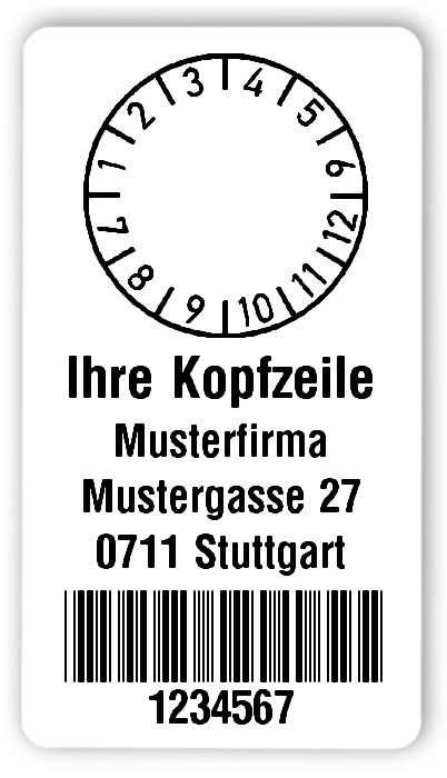 300x Prüfplaketten Folie weiß, 54x30mm, 7-stellig ff, Ihr Wunschtext, 1 Etikett pro Nummer