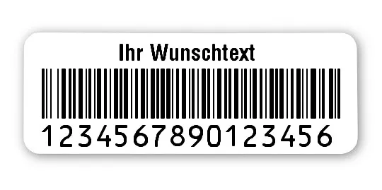 Universaletiketten Material:Patch Größe:40x15mm Kopfzeile:"Ihr Wunschtext" Barcode:128B Stellenanzahl:16-stellig Ausführung:1 Etikette pro Nummer Menge:1000