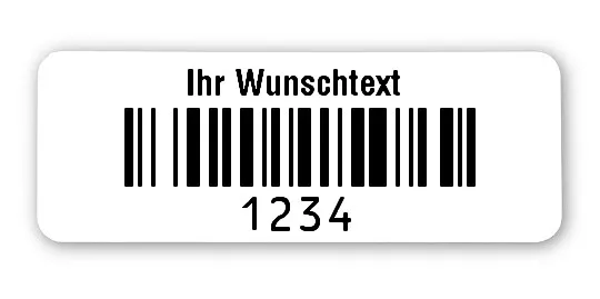 Prüfetiketten Material:Polyethylen-Folie hochglänzend weiß Größe:40x15mm Kopfzeile:"Ihr Wunschtext" Barcode:128B Stellenanzahl:4-stellig Ausführung:1 Etikette pro Nummer Menge:500
