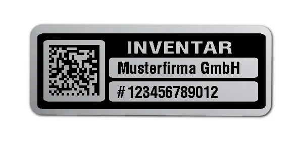 Inventaretiketten Material:Polyester-Folie Silberoptik matt Größe:40x15mm Kopfzeile:"Ihr Wunschtext" Barcode:DataMatrix Stellenanzahl:12-stellig Menge:100