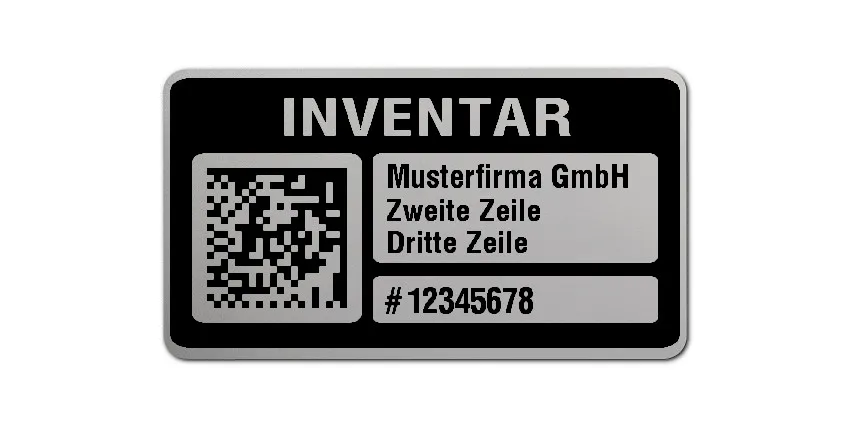 Inventaretiketten Material:Polyester-Folie Silberoptik matt Größe:45x25mm Kopfzeile:"Ihr Wunschtext" Barcode:DataMatrix Stellenanzahl:8-stellig Menge:500