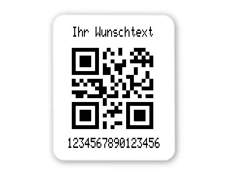 Produktbild:Universaletiketten Material:Folie weiß Größe:26x22mm Kopfzeile:"Ihr Wunschtext" Barcode:QR Stellenanzahl:16-stellig Ausführung:3 Etiketten pro Nummer Etiketten je Rolle:300