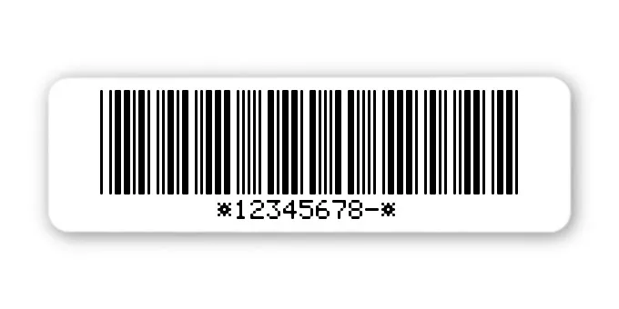 Archivierungsetiketten Material:Polyethylen-Folie hochglänzend weiß Größe:50x15mm Kopfzeile:"ohne" Barcode:Code 39 mit Prüfziffer Stellenanzahl:9-stellig Sonderetikett:Postfix 1 Menge:1000