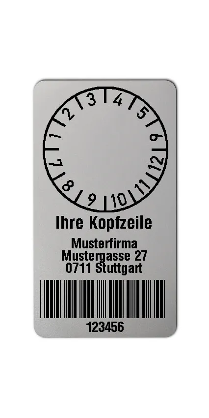 Prüfplakettenträger Material:Polyester-Folie Silberoptik matt Größe:45x25mm Kopfzeile:"Ihr Wunschtext" Barcode:Code 39 ohne Prüfziffer Stellenanzahl:6-stellig Ausführung:1 Etikette pro Nummer Menge:300