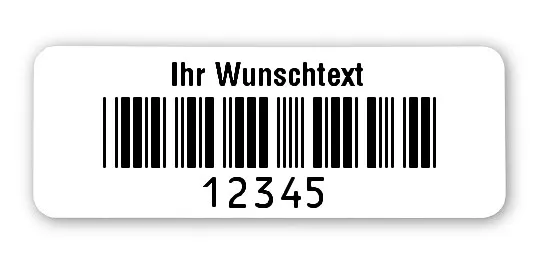 Prüfetiketten Material:Polyethylen-Folie hochglänzend weiß Größe:40x15mm Kopfzeile:"Ihr Wunschtext" Barcode:Code 39 ohne Prüfziffer Stellenanzahl:5-stellig Ausführung:1 Etikette pro Nummer Menge:1000