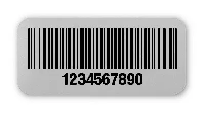 Universaletiketten Material:Folie silber matt Größe:26x12mm Kopfzeile:"ohne" Barcode:128B Stellenanzahl:10-stellig Ausführung:4 Etiketten pro Nummer Menge:100