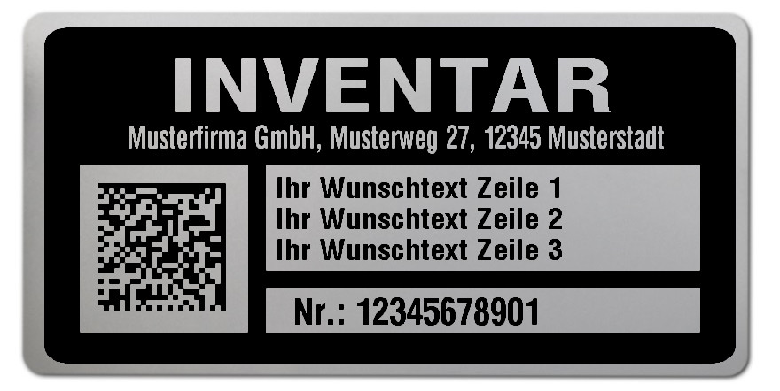 1000x Inventaretiketten Folie silber, 68x34mm, DataMatrix 11-stellig ff, Ihr Wunschtext, 1 Etikett pro Nummer