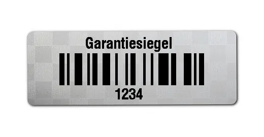 Siegeletiketten Material:Polyester-Folie Silberoptik Siegeletikette Größe:36x13mm Kopfzeile:"Garantiesiegel" Barcode:128C Stellenanzahl:4-stellig Menge:1000