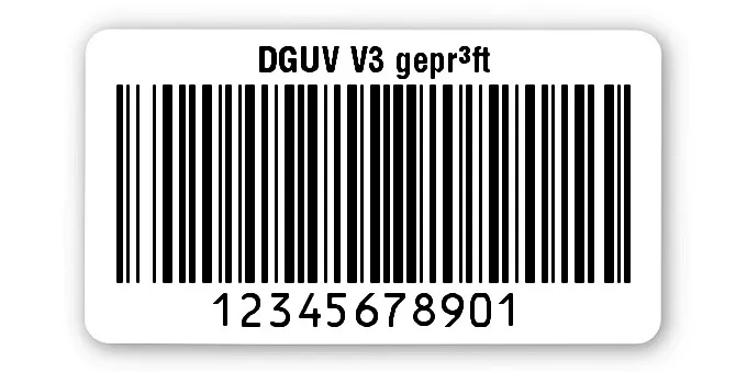 Prüfetiketten Material:Polyethylen-Folie hochglänzend weiß Größe:45x25mm Kopfzeile:"DGUV V3 geprüft" Barcode:128B Stellenanzahl:11-stellig Ausführung:1 Etikette pro Nummer Menge:500