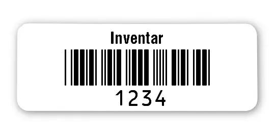 Inventaretiketten Universal Material:Folie weiß Größe:40x15mm Kopfzeile:"Inventar" Barcode:Code 39 ohne Prüfziffer Stellenanzahl:4-stellig Ausführung:1 Etikett pro Nummer Etiketten je Rolle:100