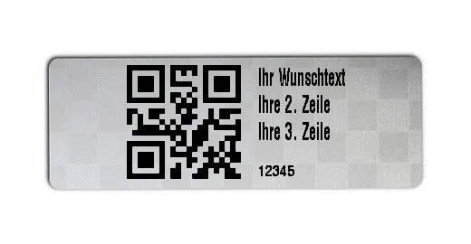 Universaletiketten Material:Polyester-Folie Silberoptik Siegeletikette Größe:36x13mm Kopfzeile:"Ihr Wunschtext" Barcode:QR Stellenanzahl:5-stellig Ausführung:1 Etikette pro Nummer Menge:100