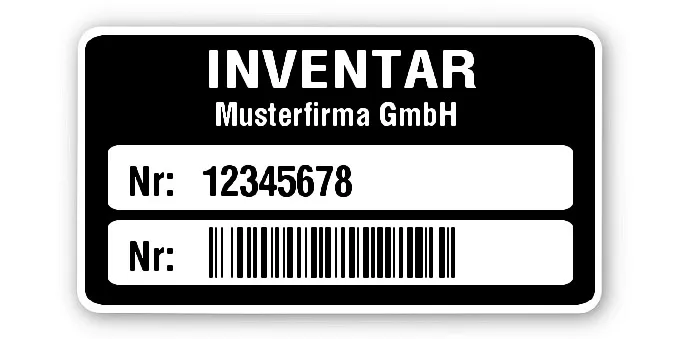 Inventaretiketten Material:Polyethylen-Folie hochglänzend weiß Größe:45x25mm Kopfzeile:"Ihr Wunschtext" Barcode:128B Stellenanzahl:8-stellig Ausführung:1 Etikette pro Nummer Menge:100