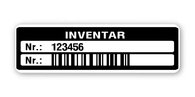 Inventaretiketten Material:Polyethylen-Folie hochglänzend weiß Größe:50x15mm Kopfzeile:"Inventar" Barcode:128C Stellenanzahl:6-stellig Menge:500
