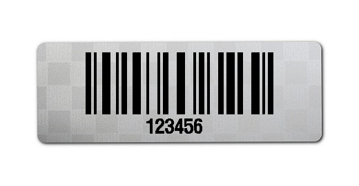 Universaletiketten Material:Polyester-Folie Silberoptik Siegeletikette Größe:36x13mm Kopfzeile:"ohne" Barcode:128C Stellenanzahl:6-stellig Ausführung:1 Etikette pro Nummer Menge:100
