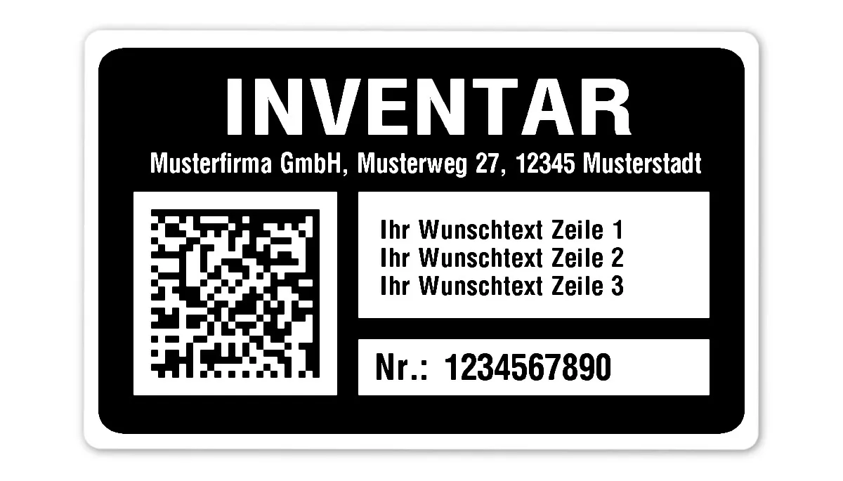 Inventaretiketten Material:Polyethylen-Folie hochglänzend weiß Größe:80x50mm Kopfzeile:"Ihr Wunschtext" Barcode:DataMatrix Stellenanzahl:10-stellig Menge:100
