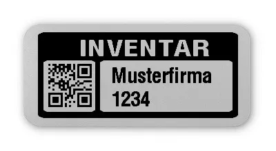 Inventaretiketten Material:Polyester-Folie Silberoptik matt Größe:26x12mm Kopfzeile:"Ihr Wunschtext" Barcode:QR Stellenanzahl:4-stellig Menge:500