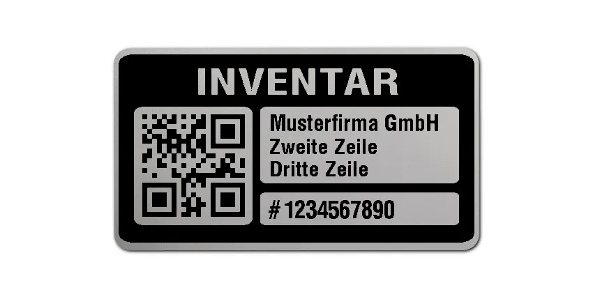 Inventaretiketten Material:Polyester-Folie Silberoptik matt Größe:45x25mm Kopfzeile:"Ihr Wunschtext" Barcode:QR Stellenanzahl:10-stellig Menge:1000