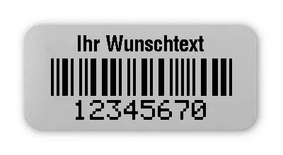 Universaletiketten Material:Folie silber matt Größe:26x12mm Kopfzeile:"Ihr Wunschtext" Barcode:2a5 mit Prüfziffer Stellenanzahl:8-stellig Ausführung:2 Etiketten pro Nummer Menge:1000