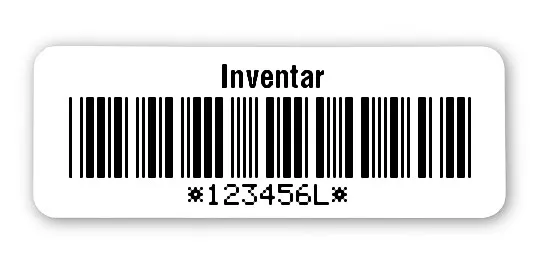 Inventaretiketten Universal Material:Folie weiß Größe:40x15mm Kopfzeile:"Inventar" Barcode:Code 39 mit Prüfziffer Stellenanzahl:7-stellig Ausführung:1 Etikett pro Nummer Etiketten je Rolle:500