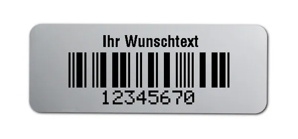 Universaletiketten Material:Folie silber matt Größe:40x15mm Kopfzeile:"Ihr Wunschtext" Barcode:2a5 mit Prüfziffer Stellenanzahl:8-stellig Ausführung:4 Etiketten pro Nummer Menge:1000