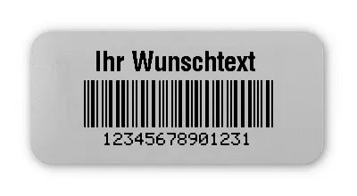 Universaletiketten Material:Folie silber matt Größe:26x12mm Kopfzeile:"Ihr Wunschtext" Barcode:2a5 mit Prüfziffer Stellenanzahl:14-stellig Ausführung:2 Etiketten pro Nummer Menge:100