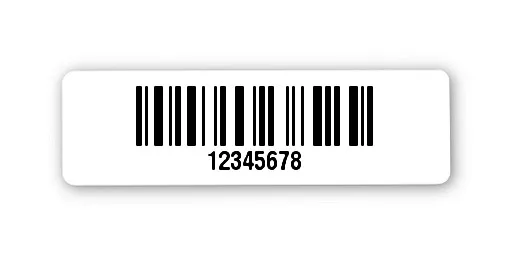 Archivierungsetiketten Material:Polyethylen-Folie hochglänzend weiß Größe:31x9mm Kopfzeile:"ohne" Barcode:128C Stellenanzahl:8-stellig Sonderetikett:Postfix 2 Menge:1000