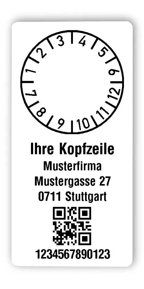 Prüfplakettenträger Material:Polyethylen-Folie hochglänzend weiß Größe:68x34mm Kopfzeile:"Ihr Wunschtext" Barcode:QR Stellenanzahl:13-stellig Ausführung:1 Etikette pro Nummer Menge:300