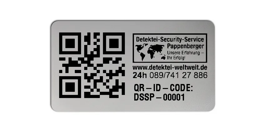 Sonderetiketten Material:Polyester-Folie Silberoptik matt Größe:45x25mm Logo:Mit Logo Barcode:QR Stellenanzahl:10-stellig Ausführung:1 Etikette pro Nummer Menge:1000