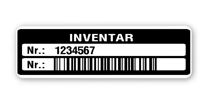 Inventaretiketten Material:Polyethylen-Folie hochglänzend weiß Größe:50x15mm Kopfzeile:"Inventar" Barcode:128B Stellenanzahl:7-stellig Menge:100