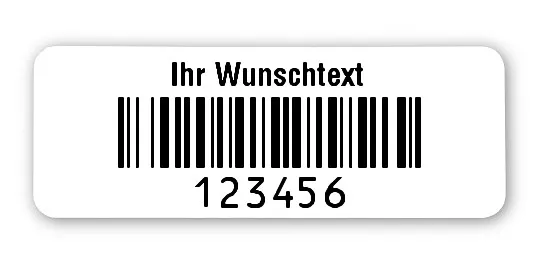 Universaletiketten Material:Folie hochglänzend weiß Größe:40x15mm Kopfzeile:"Ihr Wunschtext" Barcode:128B Stellenanzahl:6-stellig Ausführung:2 Etiketten pro Nummer Menge:1000